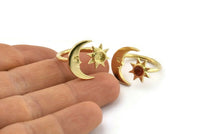 Brass Ring Settings, 2 Raw Brass Moon And Sun Ring With 1 Stone Setting - Pad Size 4mm N1497