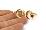 Brass Ring Settings, 10 Raw Brass Moon And Sun Ring With 1 Stone Setting - Pad Size 4mm N1497