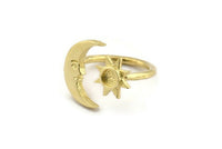 Brass Ring Settings, 10 Raw Brass Moon And Sun Ring With 1 Stone Setting - Pad Size 4mm N1497