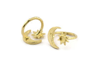 Brass Ring Settings, 10 Raw Brass Moon And Sun Ring With 1 Stone Setting - Pad Size 6mm N1497