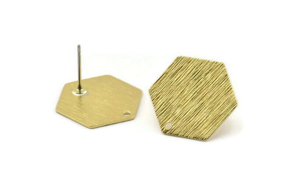 Brass Hexagon Earring, 6 Textured Raw Brass Hexagon Stud Earrings With 1 Hole (17x0.60mm) D878 A1839