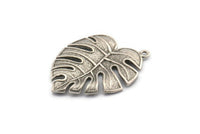 Silver Leaf Charm, 2 Antique Silver Plated Brass Monstera Leaf Pendants With 1 Hole (37x29.5x2.5mm) BS 2047