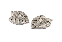 Silver Leaf Charm, 2 Antique Silver Plated Brass Monstera Leaf Pendants With 1 Hole (37x29.5x2.5mm) BS 2047