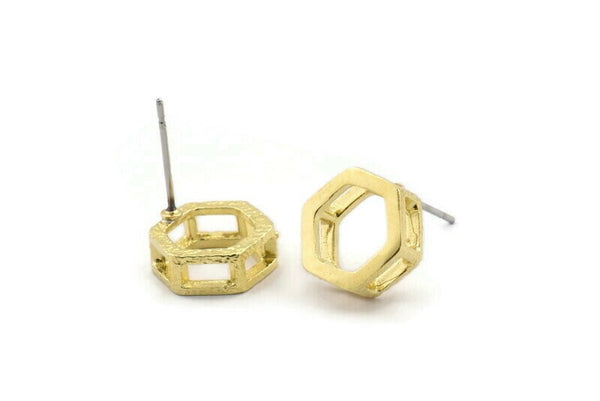 Brass Hexagon Earring, 6 Raw Brass Hexagon Stud Earrings (11x4mm) N0765 A2149