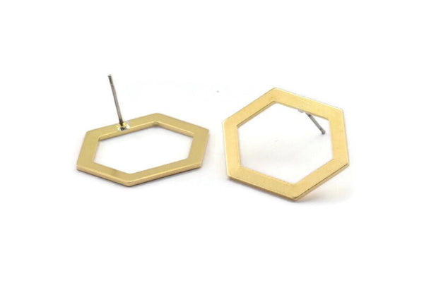 Brass Hexagon Earring, 6 Raw Brass Hexagon Stud Earrings (26.5x19x1mm) E073 A2039