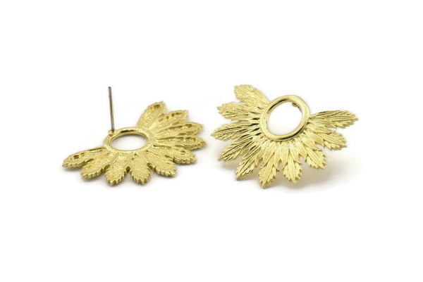 Brass Badge Earring, 2 Raw Brass Rosette Stud Earrings (33x23mm) N0759 A2185