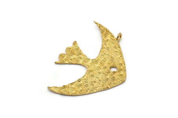 Brass Fish Charm, 2 Raw Brass Fish Scale Textured Pendants, With 1 Loop, 1 Hole, Earrings, Findings (45x33mm) E398