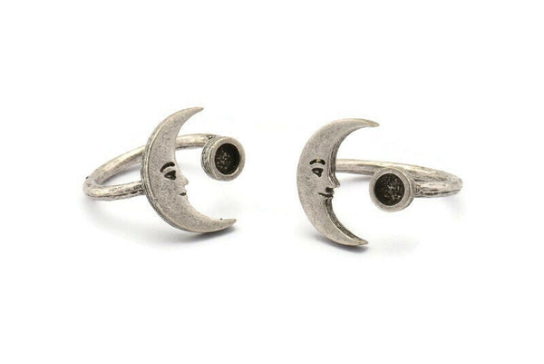 Silver Ring Settings, 2 Antique Silver Plated Brass Moon And Planet Ring With 1 Stone Setting - Pad Size 4mm N1496 H1379