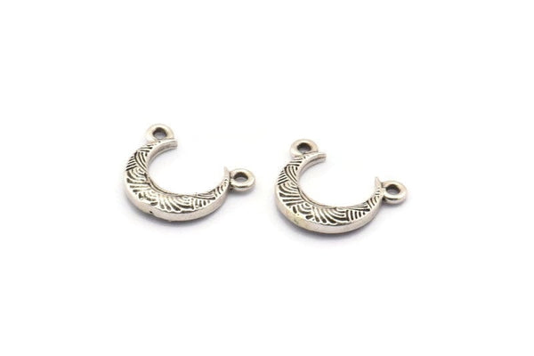 Antique Silver Moon Charm, 6 Antique Silver Plated Textured Horn Charms with 2 Holes, Pendant, Jewelry Finding (12x3.50x3mm) N0266 H0217