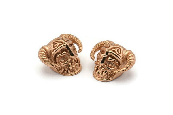 Rose Gold Skull With Horns, 2 Rose Gold Plated Brass Skull Head Bracelet Parts (11.5x19mm) N0372 Q0163