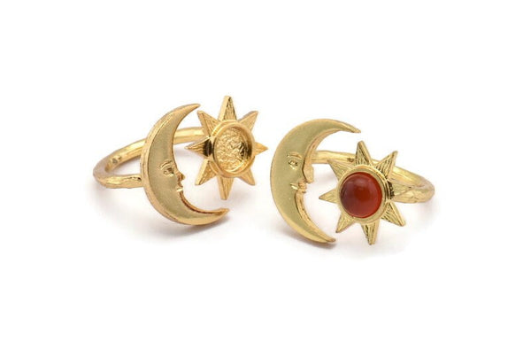 Gold Ring Settings, Gold Plated Brass Moon And Sun Ring With 1 Stone Setting - Pad Size 6mm N1498 H0918