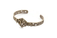 Silver Bee Cuff, Antique Silver Plated Brass Bee And Honeycomb Cuff Stone Setting With 1 Pad - Pad Size 6mm N1655 H0316