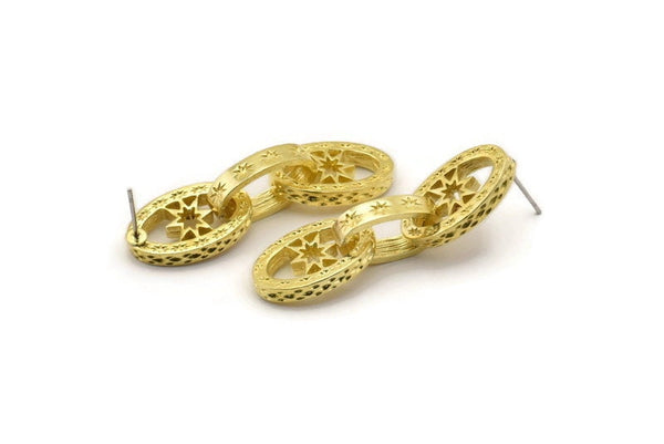 Brass Chain Earring, 2 Raw Brass Oval And Star Shaped Soldered Chain Stud Earrings N1827