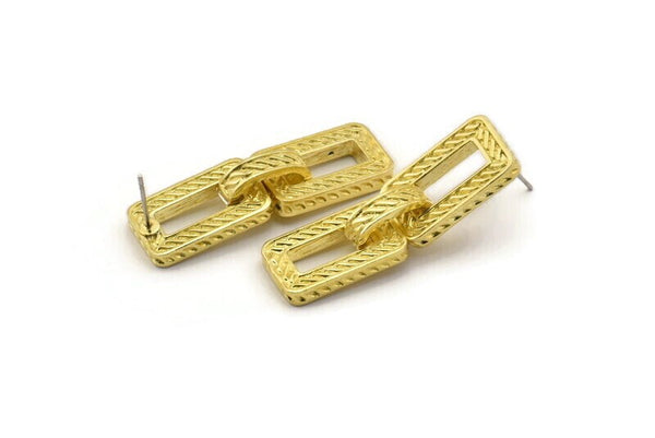 Brass Chain Earring, 2 Raw Brass Rectangle Shaped Soldered Chain Stud Earrings N1835