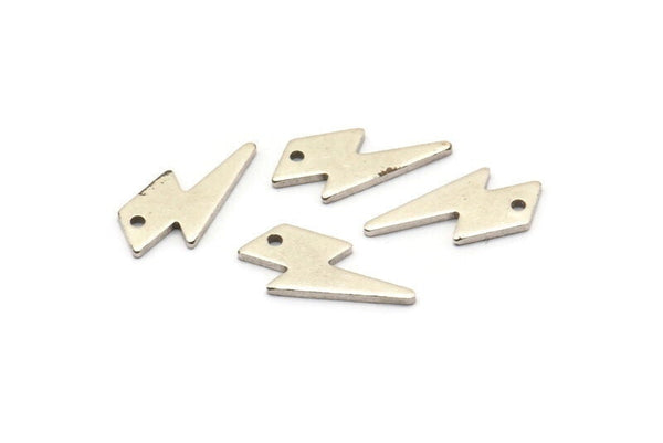 Silver Lightning Charm, 24 Antique Silver Plated Brass, Silver Lightning Bolt Charms With 1 Hole, Stamping Blanks (17x8x1mm) M01697