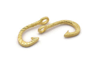 Brass Fish Hook, 2 Raw Brass Fish Hook Shaped Charms With 1 Loop, Findings, Bracelet Parts (32x17mm) N0274