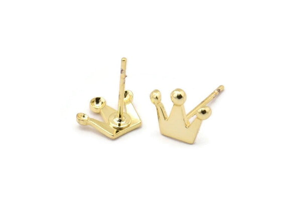 Gold Crown Earring, 6 Gold Plated Brass King Crown Stud Earrings (9x8x0.80mm) D1376 A1409