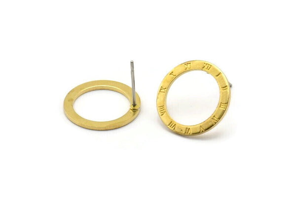 Brass Circle Earring, 8 Raw Brass Roman Numerals Stud Earrings (16x1mm) BS 2176 A1190