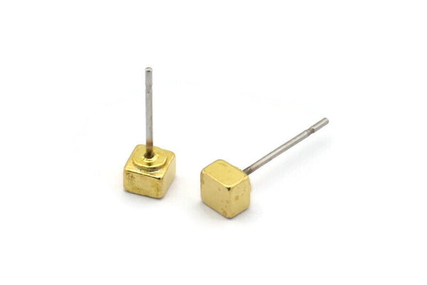 Brass Cube Earring, 10 Raw Brass Cube Stud Earrings (4x3mm) D1498 A1401