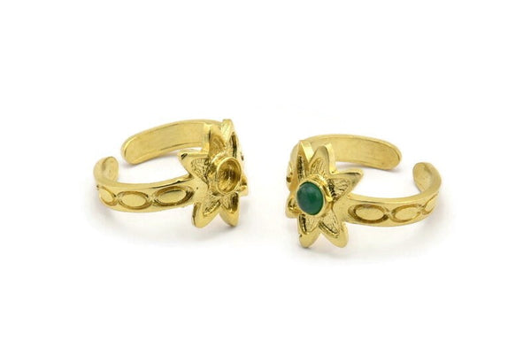 Brass Ring Setting, 2 Raw Brass Flower Ring With 1 Stone Settings - Pad Size 4mm N2019