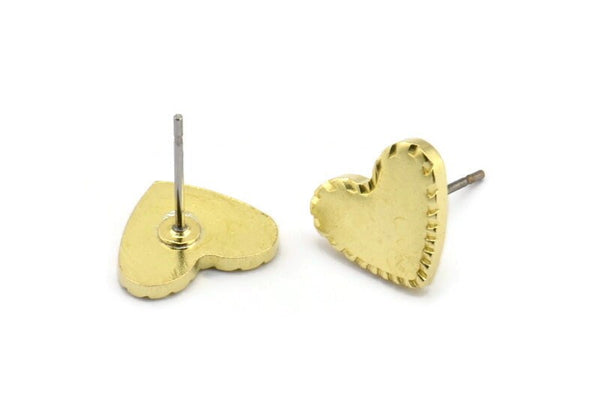 Brass Heart Earring, 6 Raw Brass Heart Stud Earrings (10x12x1.5mm) Y157 A1796