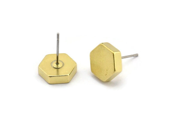 Brass Hexagon Earring, 6 Raw Brass Hexagon Stud Earrings (10x3mm) D0372 A2035