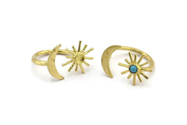 Brass Ring Settings, 10 Raw Brass Moon And Sun Ring With 1 Stone Setting - Pad Size 3mm N1067