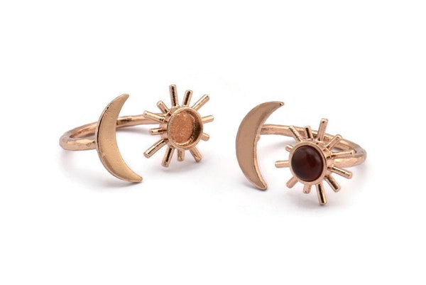 Rose Gold Ring Settings, 1 Rose Gold Plated Brass Moon And Sun Ring With 1 Stone Setting - Pad Size 6mm R052 Q0603