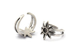 Silver Ring Setting, 2 Antique Silver Plated Brass Flower Ring With 1 Stone Settings - Pad Size 4mm N2007 H1460