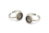 Silver Ring Settings, 2 Antique Silver Plated Brass Round Ring With 1 Stone Setting - Pad Size 10mm N1767