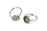 Silver Ring Settings, 2 Antique Silver Plated Brass Round Ring With 1 Stone Setting - Pad Size 10mm N1767