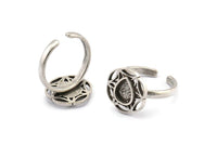 Silver Ring Settings, 2 Antique Silver Plated Brass Flower Rings With 1 Drop Shaped Stone Setting - Pad Size 8x6mm N2096 H1422