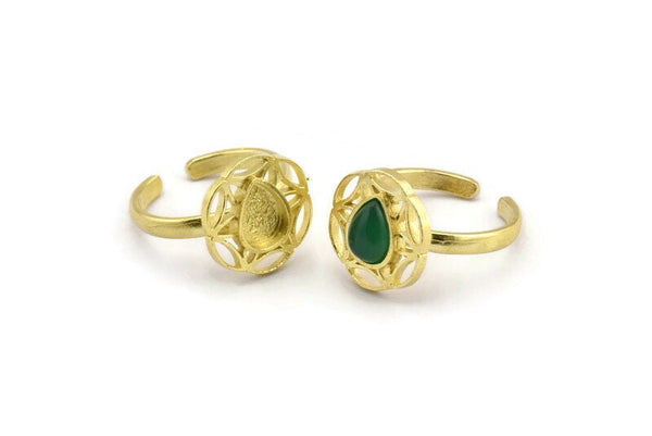 Brass Ring Settings, 2 Raw Brass Flower Rings With 1 Drop Shaped Stone Setting - Pad Size 8x6mm N2096