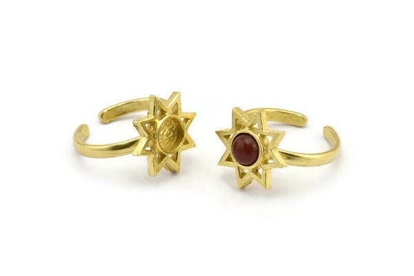 Brass Ring Settings, 2 Raw Brass Star Rings With 1 Round Shaped Stone Setting - Pad Size 6mm N2105