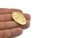 Gold Cat Charm, 1 Gold Lacquer Plated Brass Cat And Bird Textured Oval Charms With 1 Loop, Blanks (42x24x1.2mm) E218