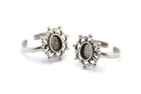 Silver Ring Settings, 2 Antique Silver Plated Brass Flower Rings With 1 Oval Shaped Stone Setting - Pad Size 8x6mm N2100 H1413