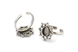 Silver Ring Settings, 2 Antique Silver Plated Brass Flower Rings With 1 Oval Shaped Stone Setting - Pad Size 8x6mm N2100 H1413