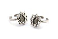 Silver Ring Settings, 2 Antique Silver Plated Brass Flower Rings With 1 Drop Shaped Stone Setting - Pad Size 8x6mm N2099 H1442