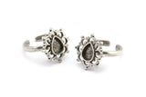 Silver Ring Settings, 2 Antique Silver Plated Brass Flower Rings With 1 Drop Shaped Stone Setting - Pad Size 8x6mm N2099 H1442