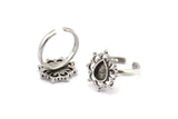 Silver Ring Settings, 2 Antique Silver Plated Brass Flower Rings With 1 Drop Shaped Stone Setting - Pad Size 8x6mm N2099 H1442