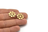 Brass Flower Charm, 12 Raw Brass Round Shaped Flower Charms With 2 Holes, Charm Pendants, Connectors (18x17x0.60mm) A3498