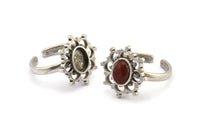 Silver Ring Settings, 2 Antique Silver Plated Brass Flower Rings With 1 Oval Shaped Stone Setting - Pad Size 8x6mm N2100 H1413