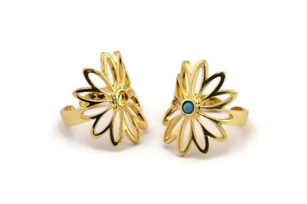 Gold Flower Ring, Gold Plated Brass Flower Ring With 1 Stone Setting - Pad Size 3mm N1849