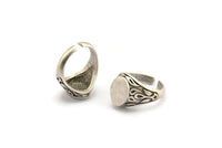 Silver Ring Settings, 2 Antique Silver Plated Brass Adjustable Duke Rings - Pad Size 12x9mm N0729