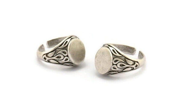 Silver Ring Settings, 2 Antique Silver Plated Brass Adjustable Duke Rings - Pad Size 12x9mm N0729