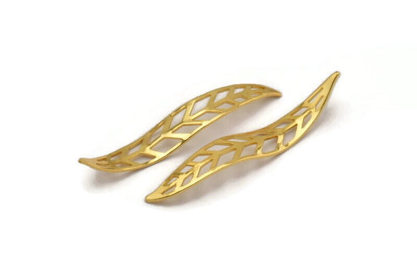 Gold Leaf Charm, 4 Gold Plated Brass Wavy Leaf Charms, Brass Leaf Bracelet Parts (54x9x0.80mm) D1162