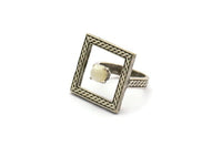 Silver Ring Settings, Antique Silver Plated Brass Square Ring With 1 Stone Setting - Pad Size 6mm N2285 H1610