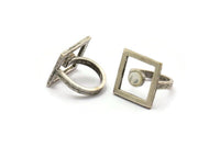 Silver Ring Settings, Antique Silver Plated Brass Square Ring With 1 Stone Setting - Pad Size 6mm N2290 H1603