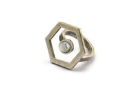 Silver Ring Settings, Antique Silver Plated Brass Hexagon Ring With 1 Stone Setting - Pad Size 6mm N2289 H1602