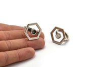 Silver Ring Settings, Antique Silver Plated Brass Hexagon Ring With 1 Stone Setting - Pad Size 6mm N2289 H1602